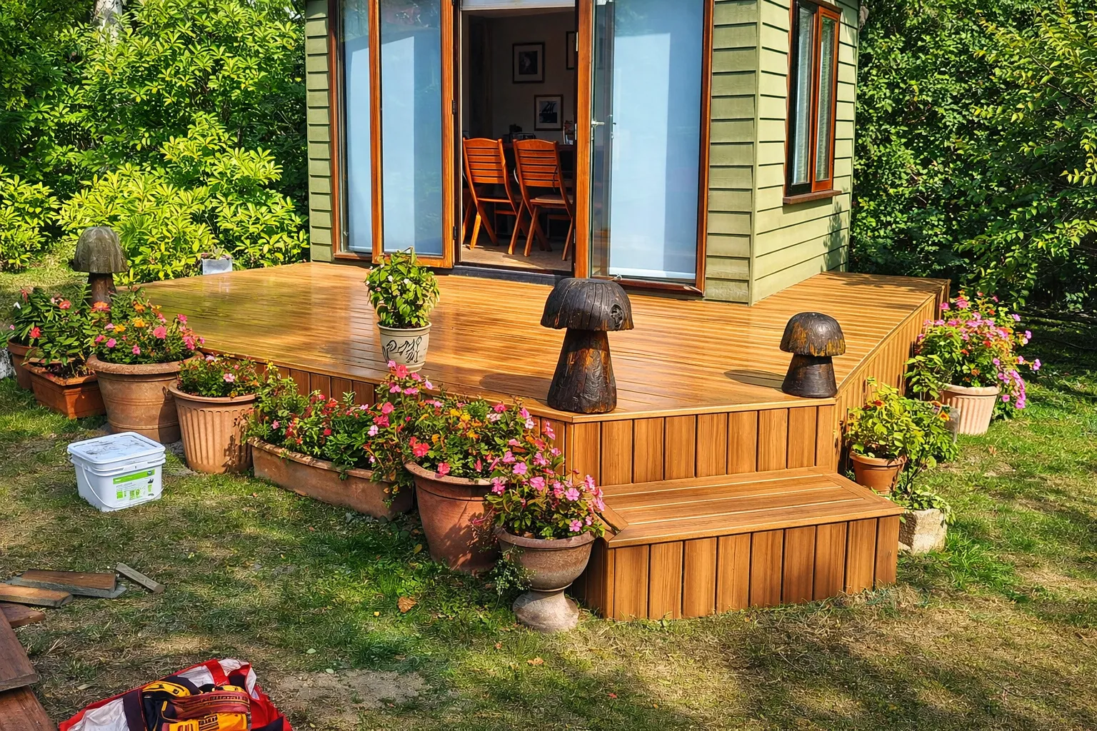 Garden transformation featuring decking and a bespoke seating area