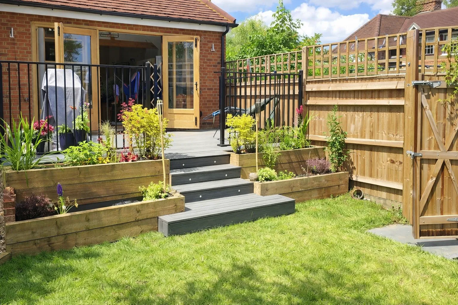 Finished outdoor living area designed for year-round family use